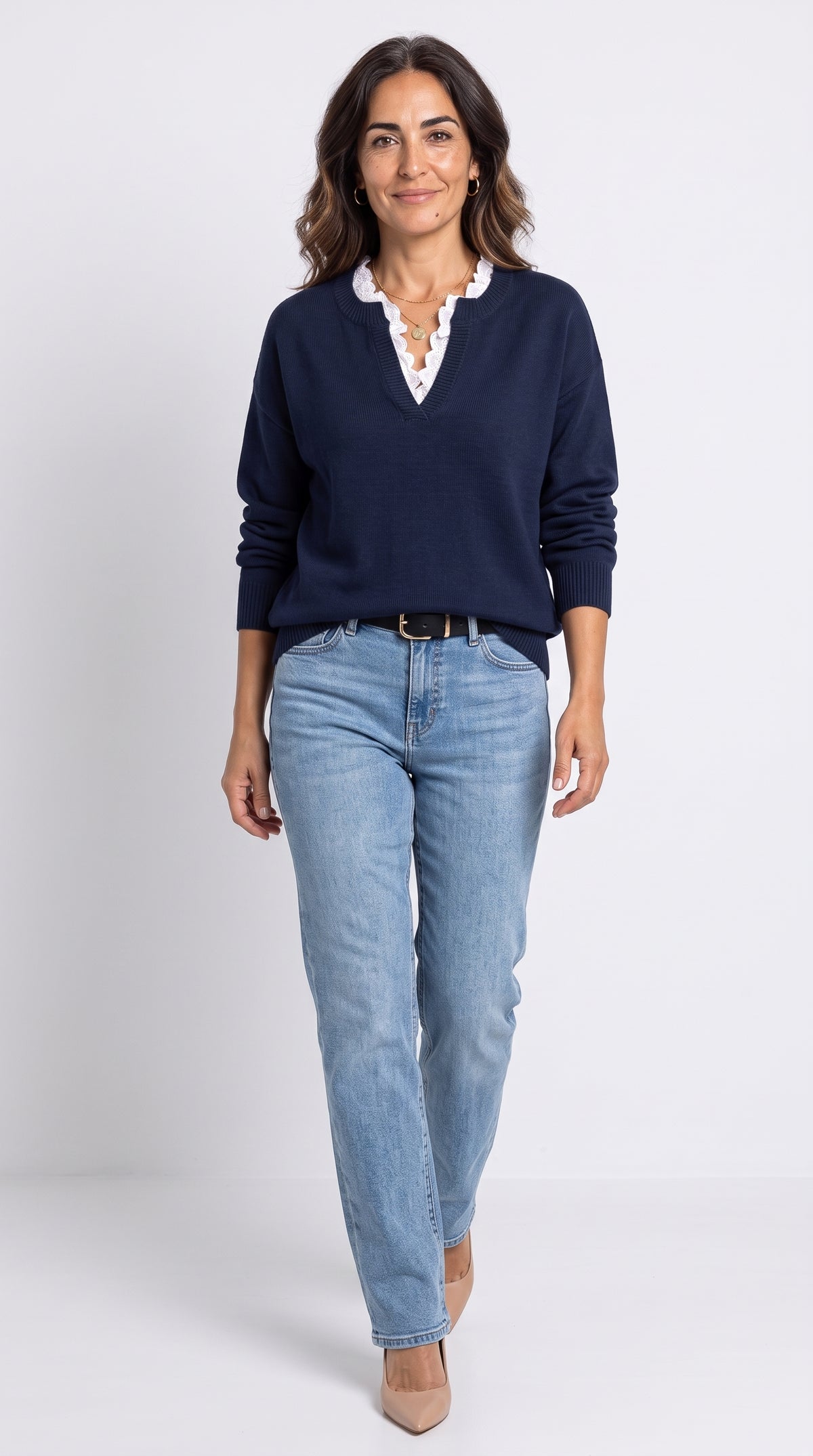 Céline | Suéter Chic con Cuello de Encaje, Toque Cachemir
