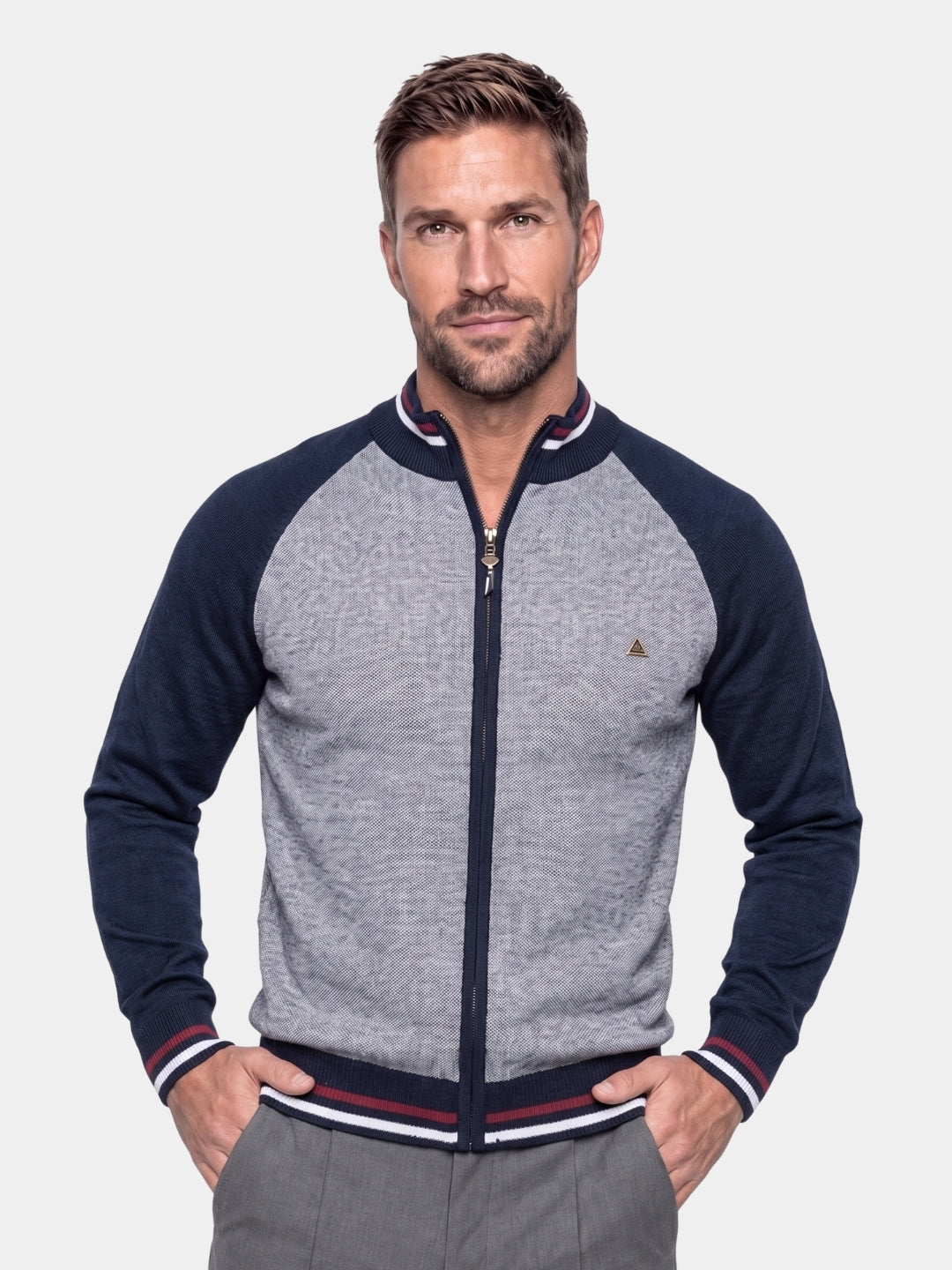Suéter Cardigan de Cuello Alto con Bloques de Color y Cremallera - Cross & Crown