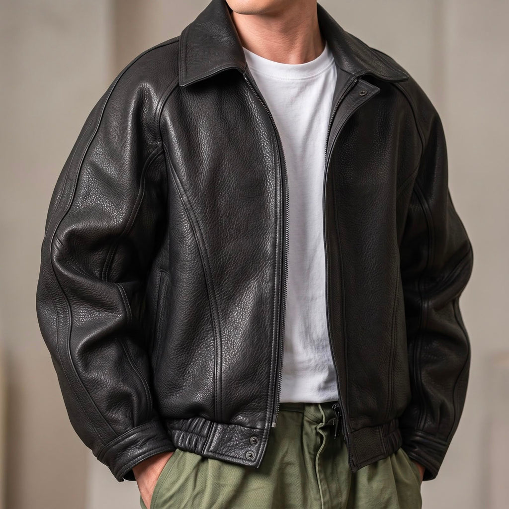 Chaqueta de cuero hombre negra con cremallera y bajo elástico
