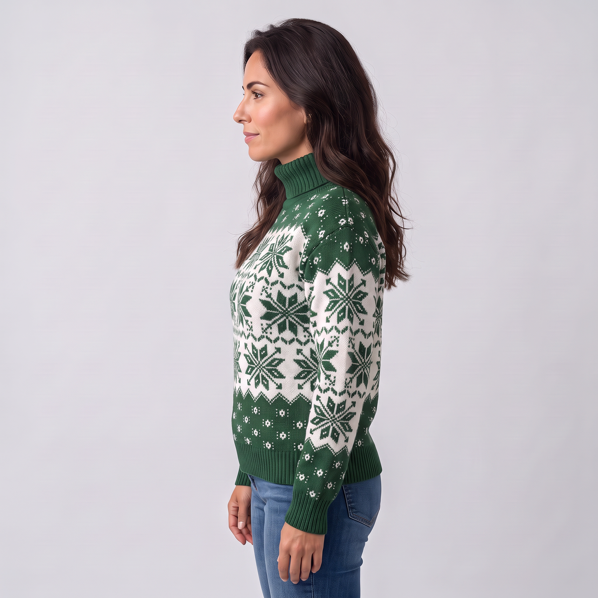 Jersey Navideño Mujer Cuello Alto Copos de Nieve Integral