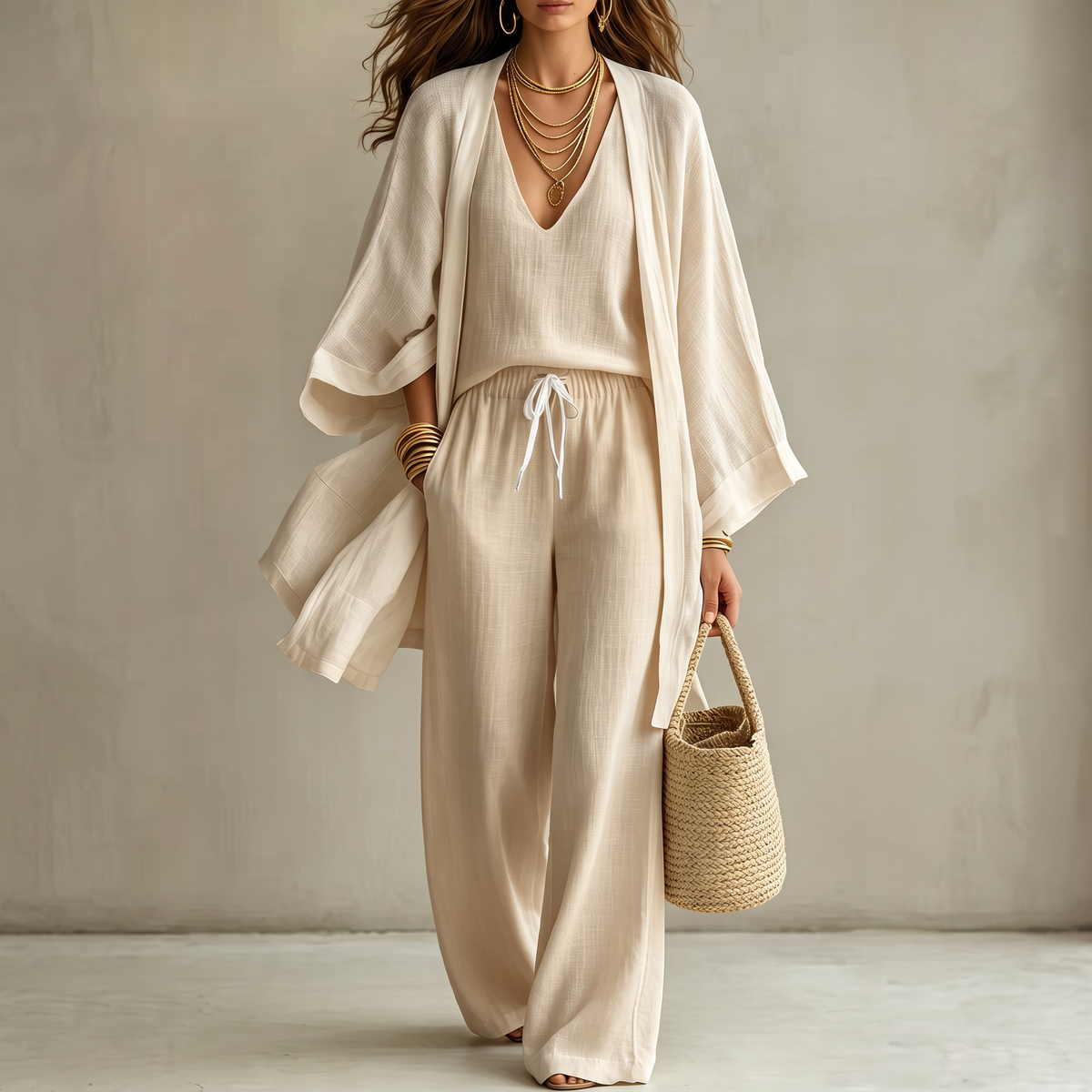 Conjunto de Tres Piezas Mujer Chaleco Abierto y Pantalón Ancho
