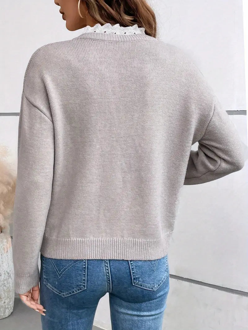 Céline | Suéter Chic con Cuello de Encaje, Toque Cachemir