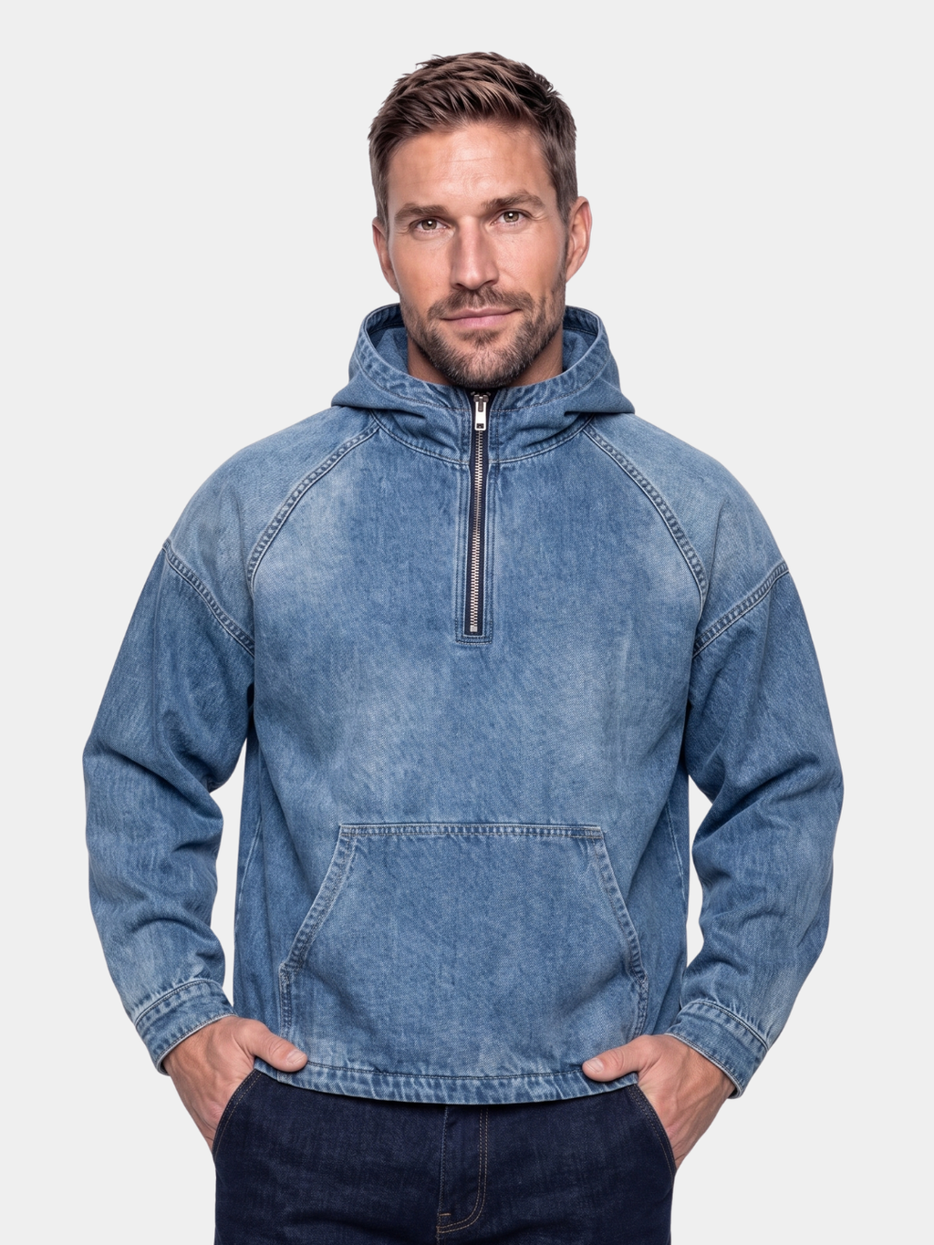 Chaqueta con Capucha de Mezclilla Artisan Denim Smock con Cierre de Cuarto - Cross & Crown