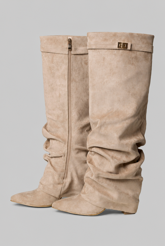 Botas Mujer Slouchy de Ante Punta Fina con Hebilla Dorada