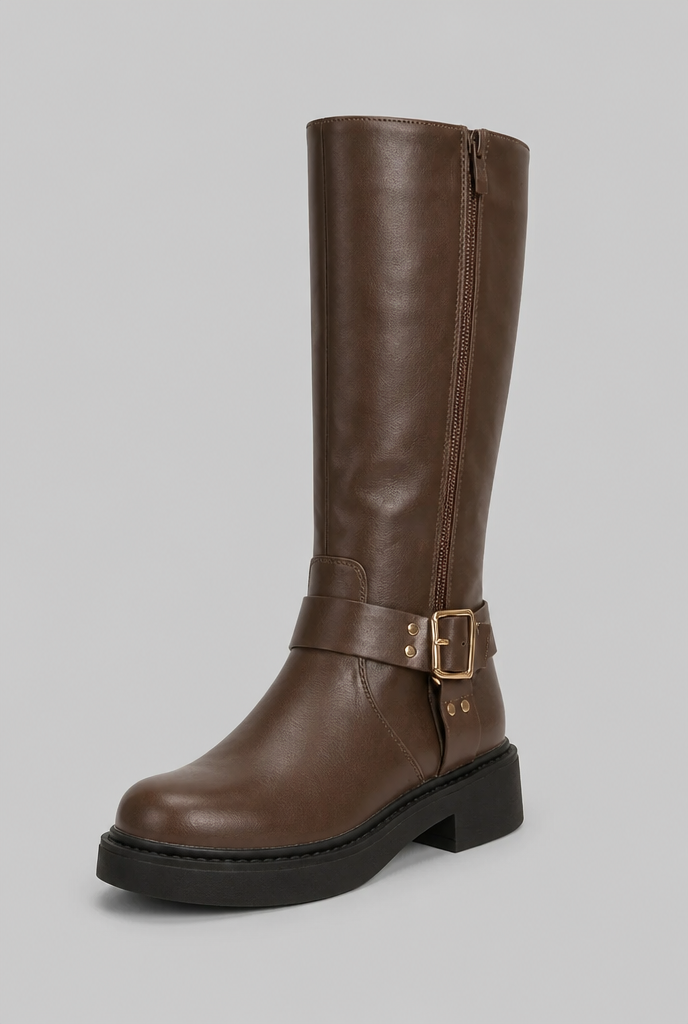 Botas Biker Mujer Altas de Piel con Correa y Hebilla