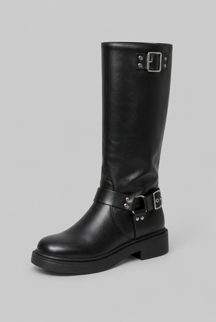 Botas Biker Mujer Altas de Piel con Correa y Hebilla