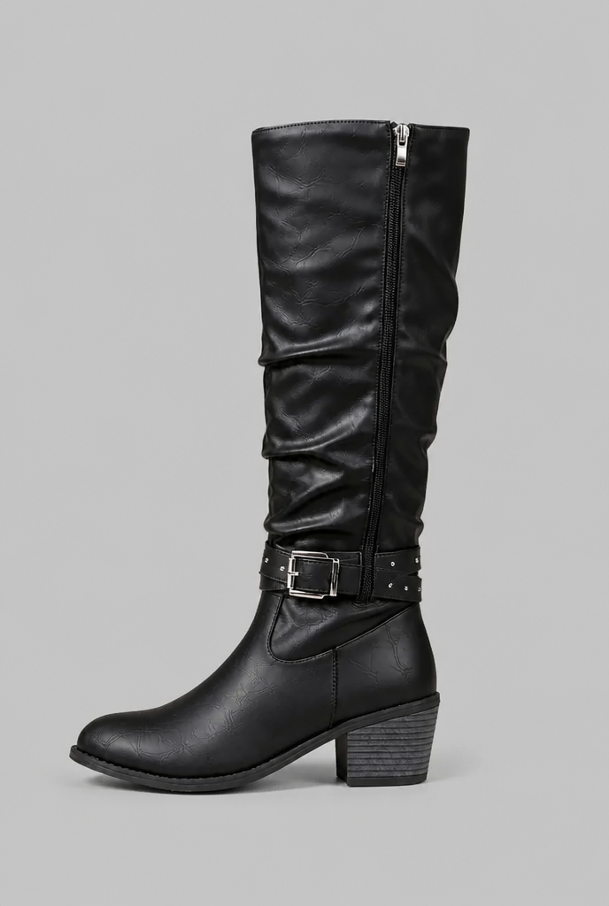 Botas Mujer Slouchy Efecto Piel Craquelada Hebillas con Tachuelas