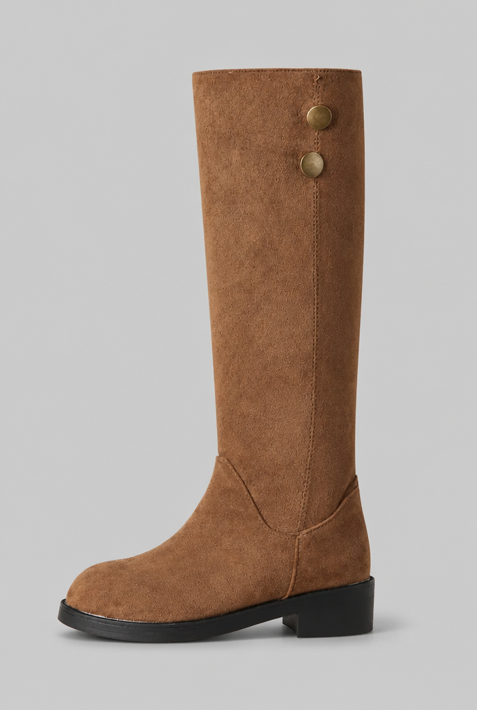 Botas Mujer Altas de Ante Ajustadas con Botones Dorados