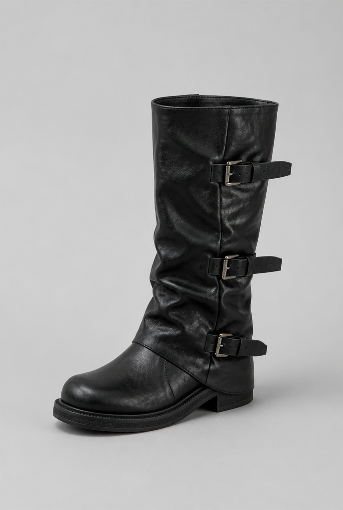 Botas Biker Mujer Media Caña de Piel Triple Hebilla