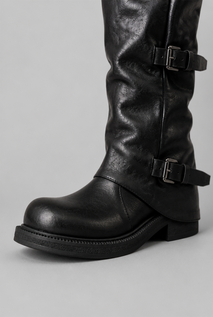 Botas Biker Mujer Media Caña de Piel Triple Hebilla