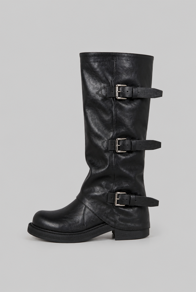 Botas Biker Mujer Media Caña de Piel Triple Hebilla