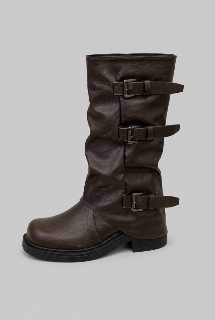 Botas Biker Mujer Media Caña de Piel Triple Hebilla