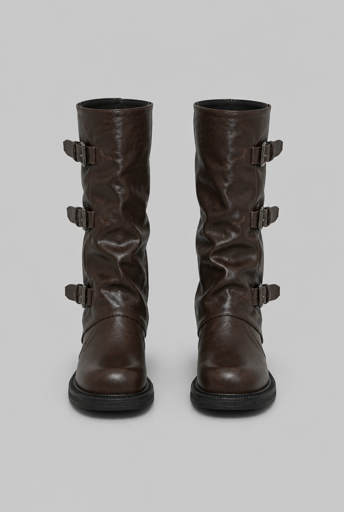 Botas Biker Mujer Media Caña de Piel Triple Hebilla