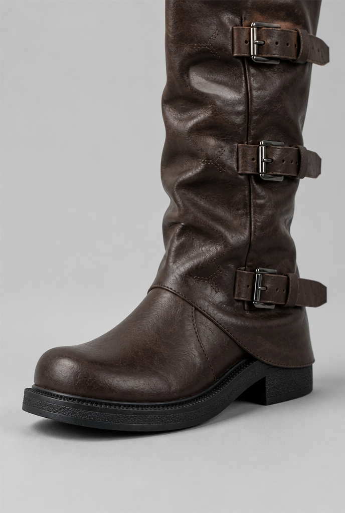 Botas Biker Mujer Media Caña de Piel Triple Hebilla