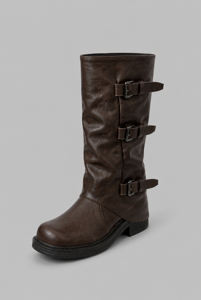 Botas Biker Mujer Media Caña de Piel Triple Hebilla