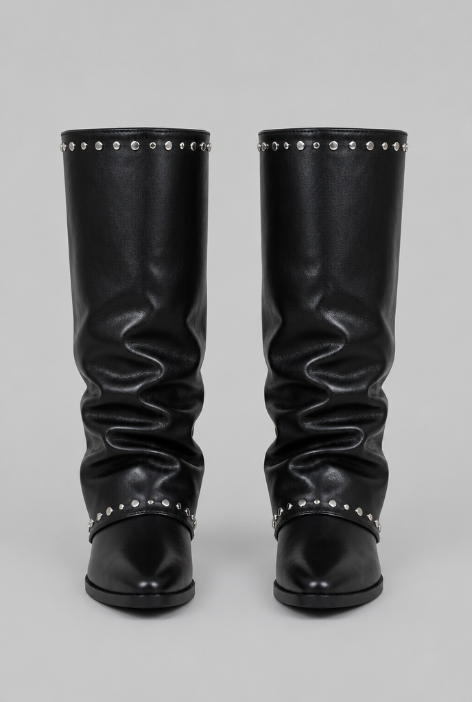 Botas Mujer Slouchy Efecto Piel Charol con Tachuelas Plateadas