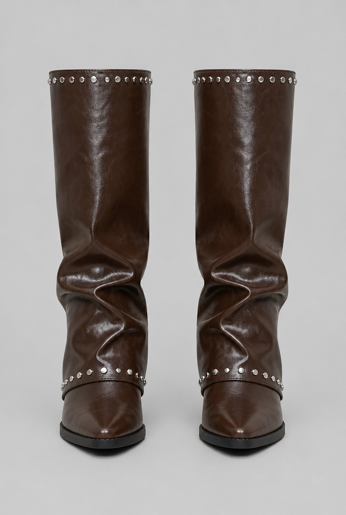 Botas Mujer Slouchy Efecto Piel Charol con Tachuelas Plateadas