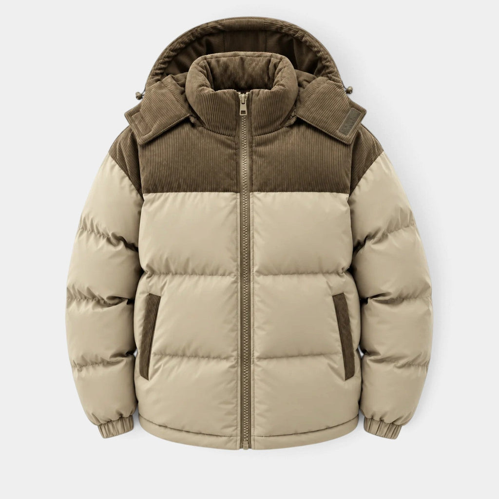 Chaqueta Hombre Acolchada con Capucha y Paneles de Pana
