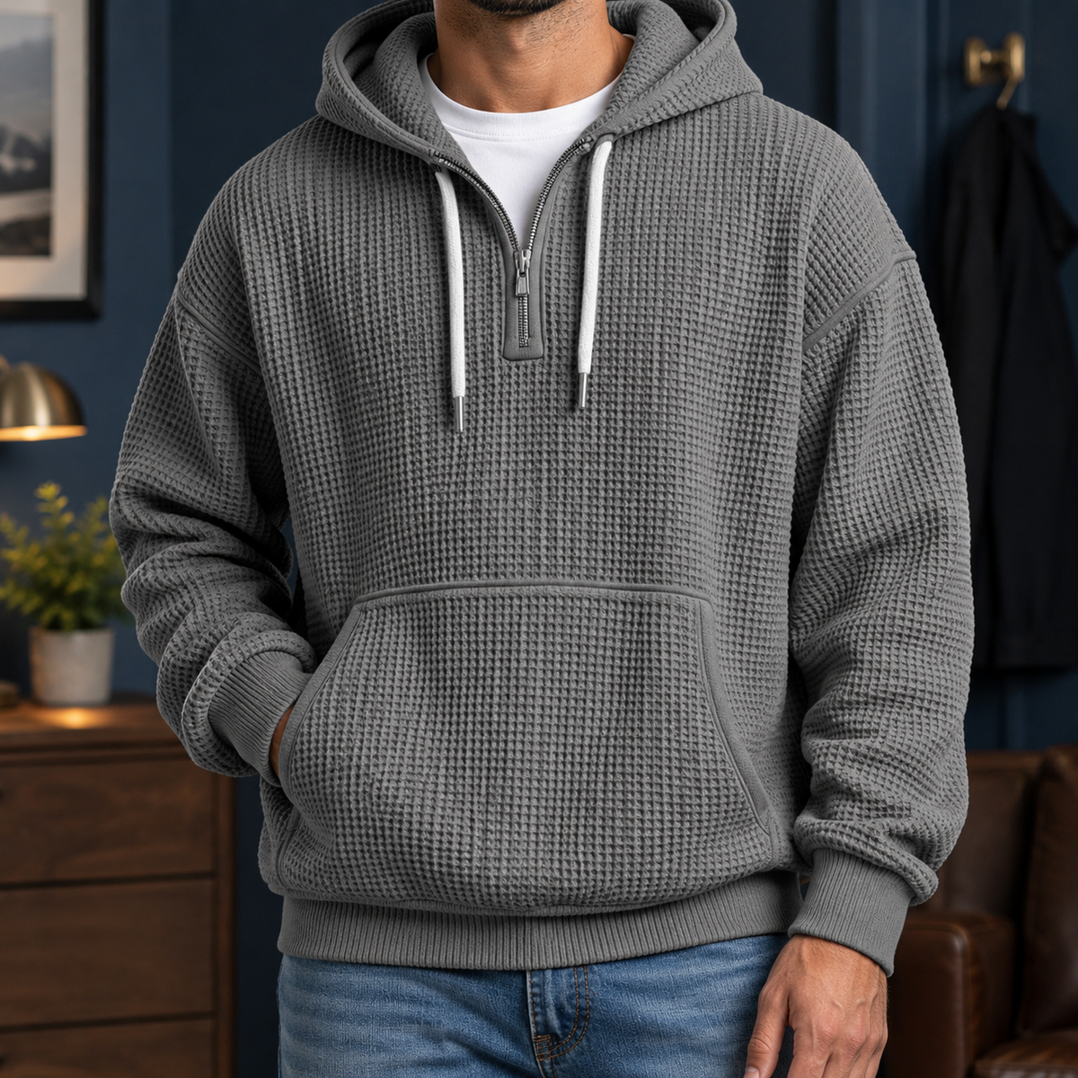 Sudadera Hombre Textura Gofre con Capucha y Cremallera