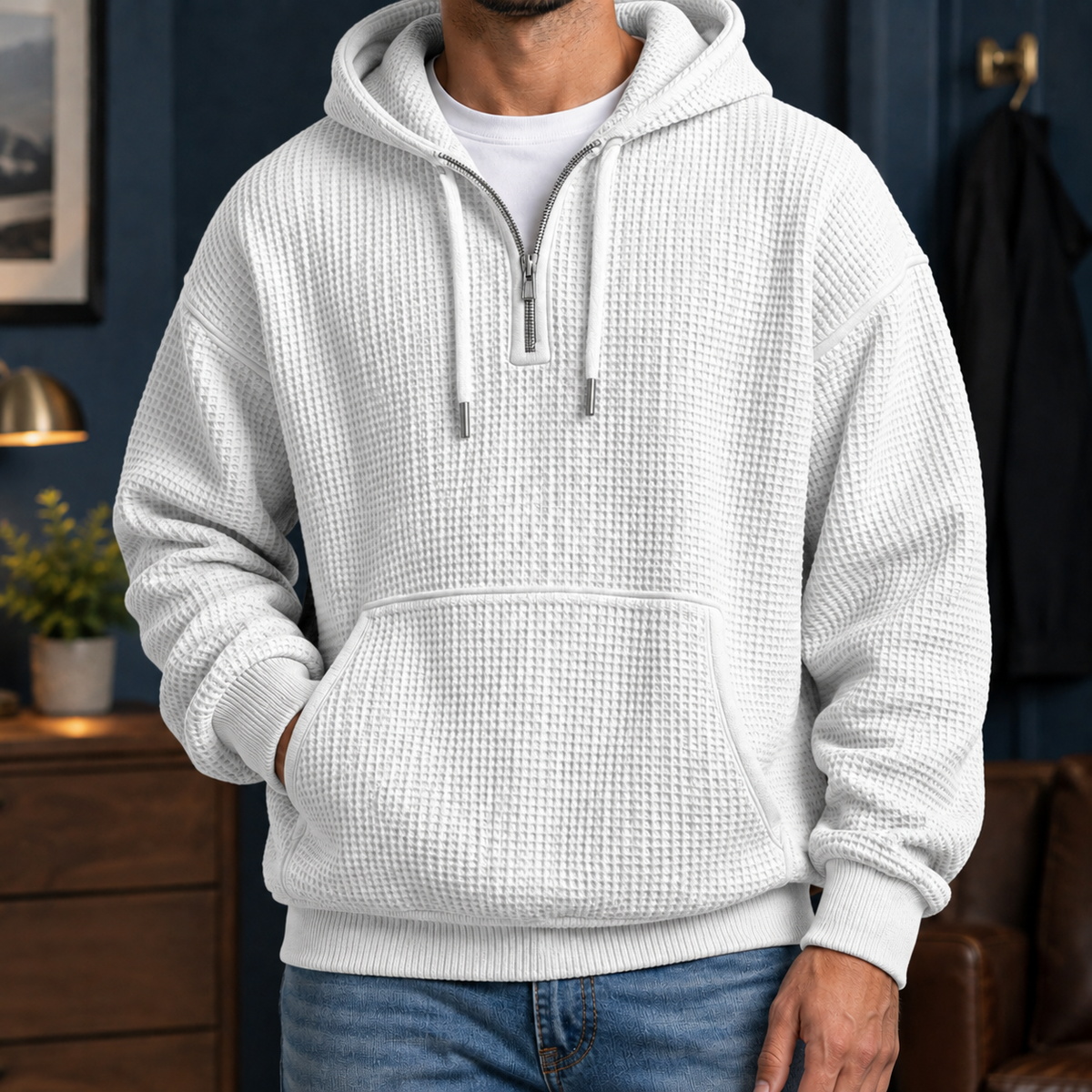 Sudadera Hombre Textura Gofre con Capucha y Cremallera