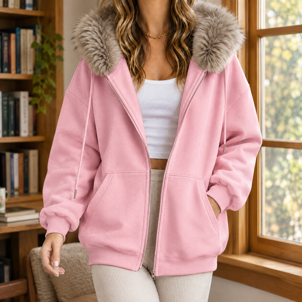 Sudadera Mujer Oversize con Capucha de Pelo Sintético
