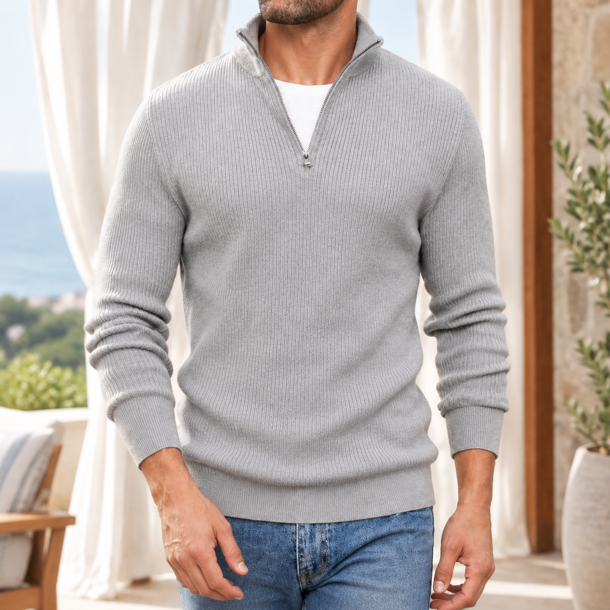 Jersey Hombre Cuello Alto Media Cremallera Punto Canalé