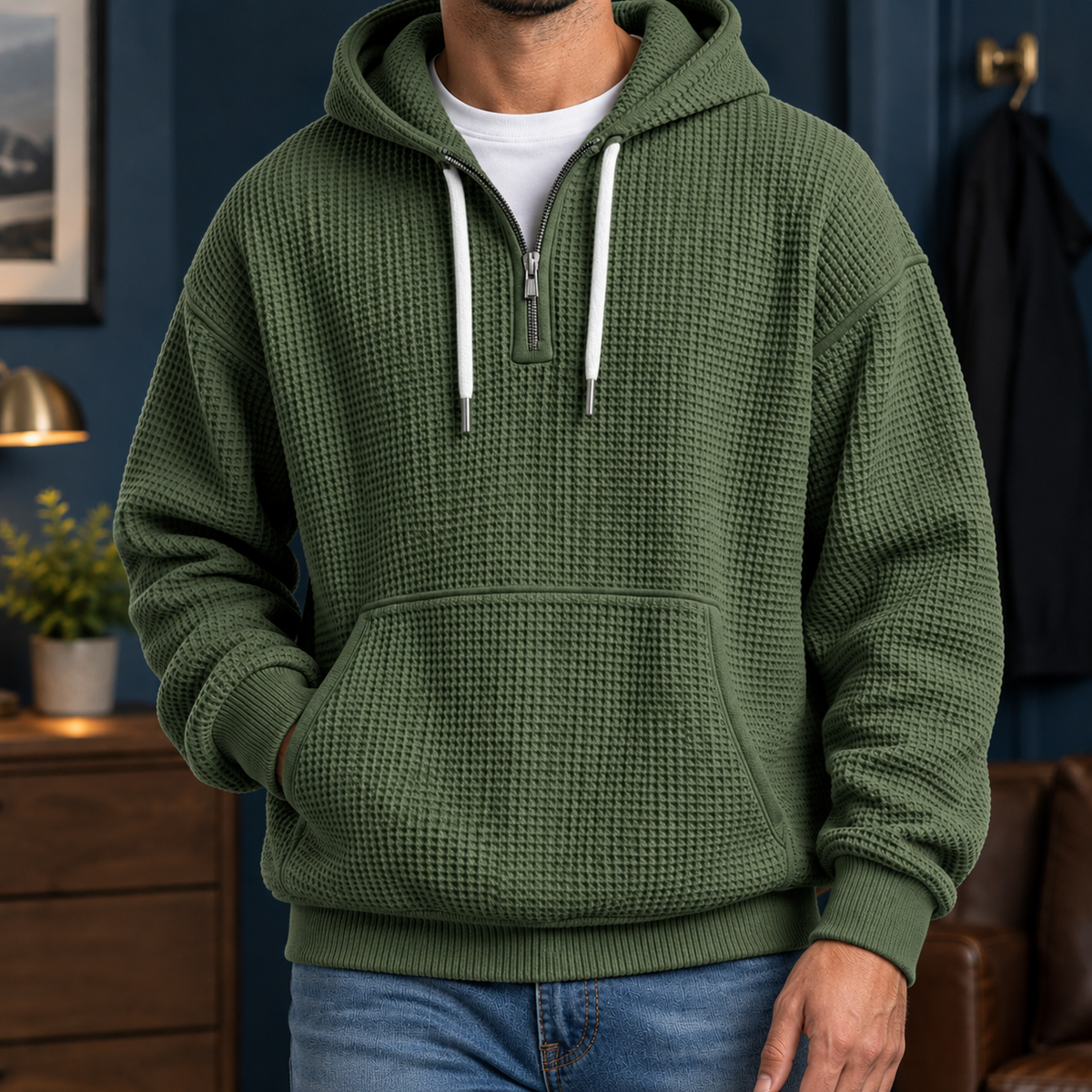Sudadera Hombre Textura Gofre con Capucha y Cremallera