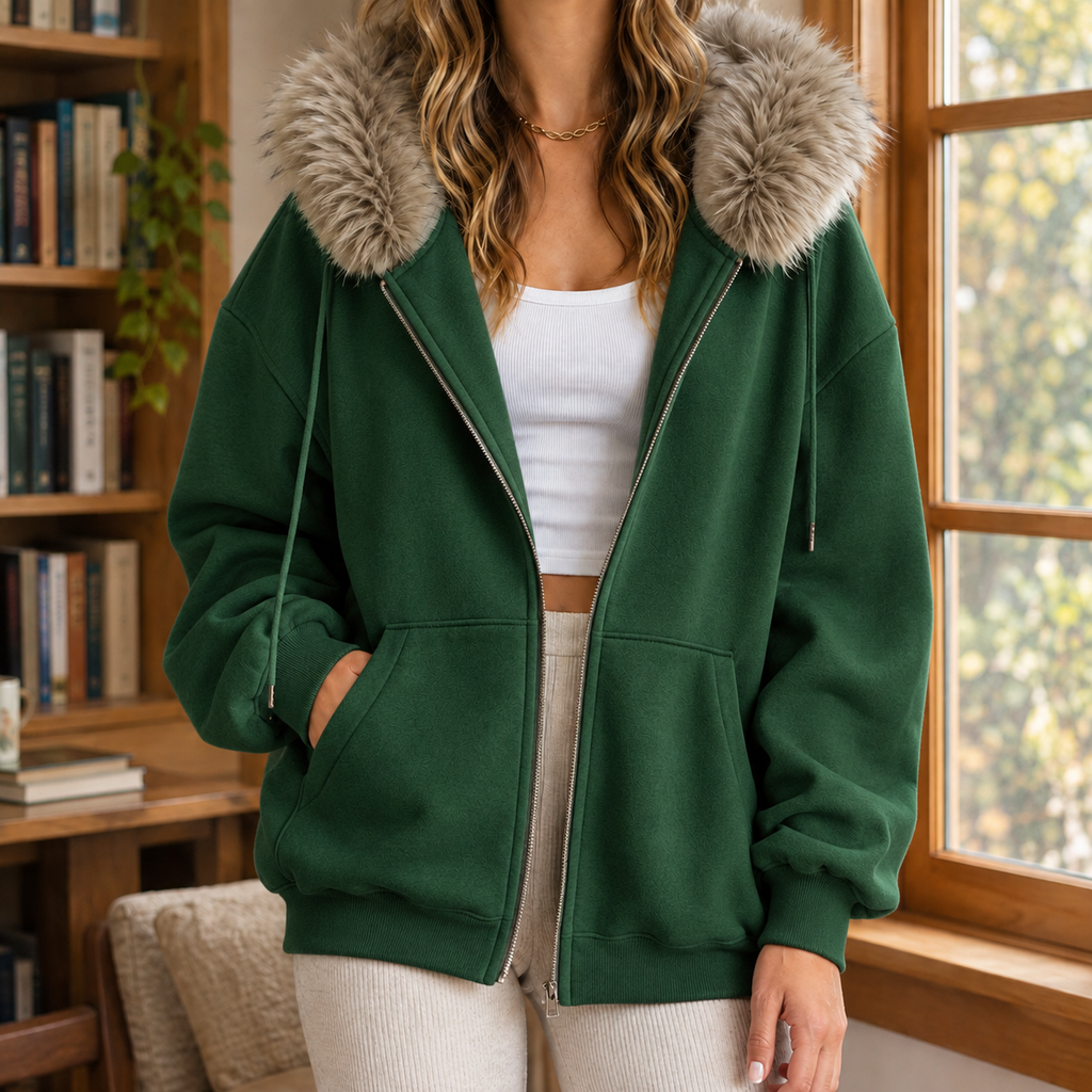 Sudadera Mujer Oversize con Capucha de Pelo Sintético