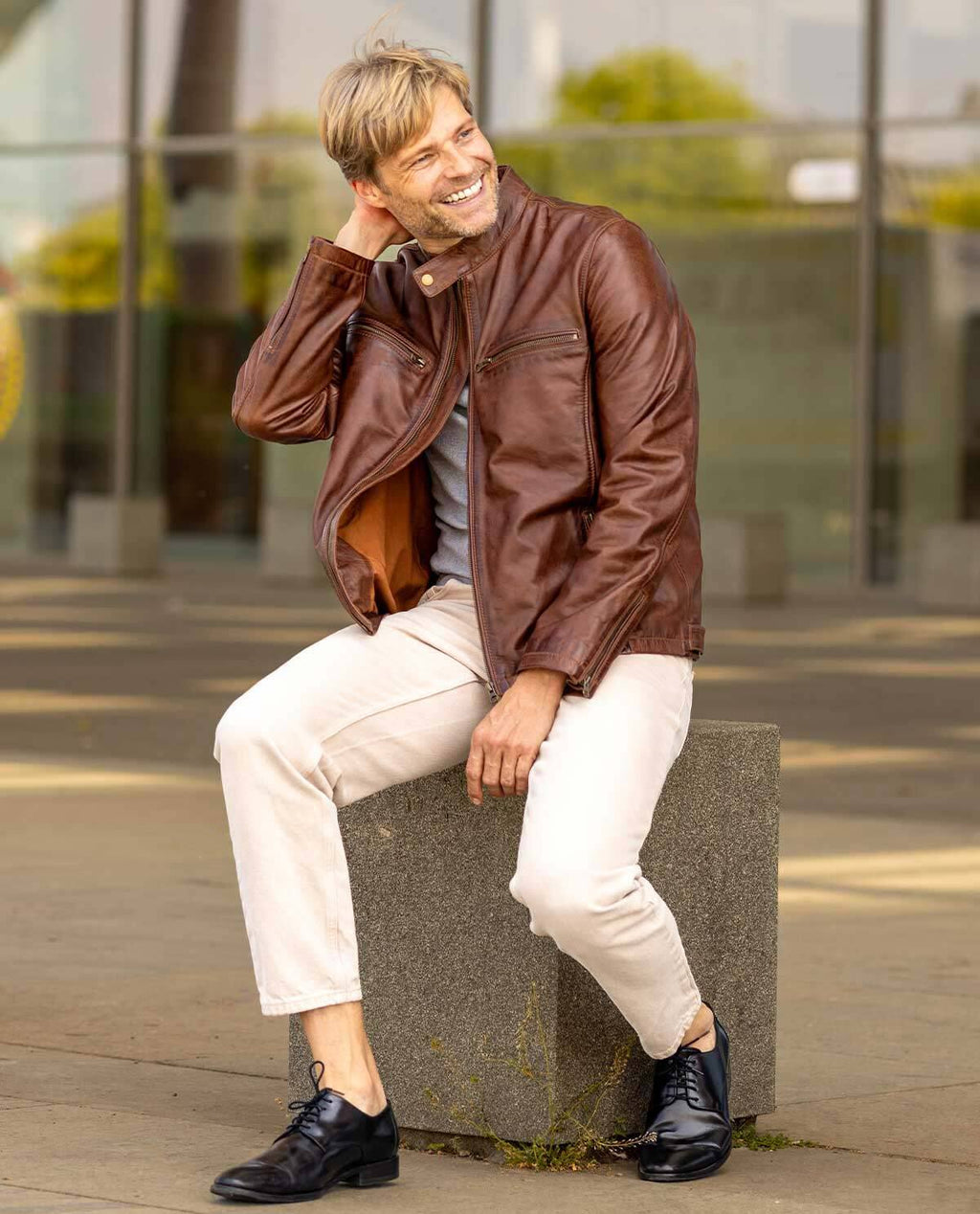 Chaqueta de Cuero Hombre Marrón con Cremalleras