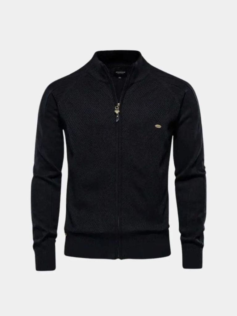 Suéter Cardigan de Color Sólido con Cremallera de Jacquard - Cross & Crown