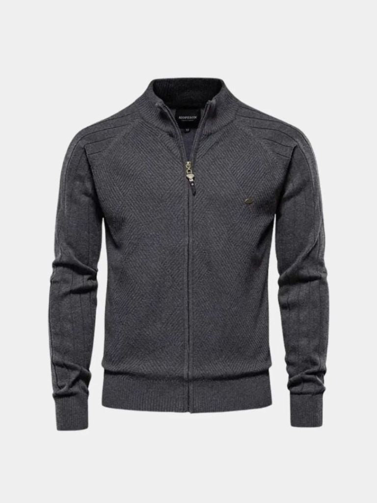 Suéter Cardigan de Color Sólido con Cremallera de Jacquard - Cross & Crown