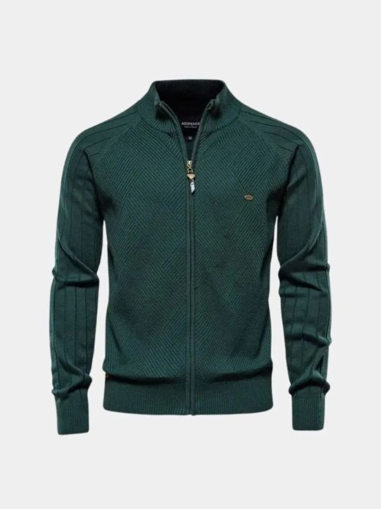 Suéter Cardigan de Color Sólido con Cremallera de Jacquard - Cross & Crown