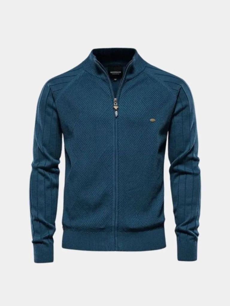 Suéter de Cardigan de Color Sólido con Cremallera Jacquard - Cross & Crown