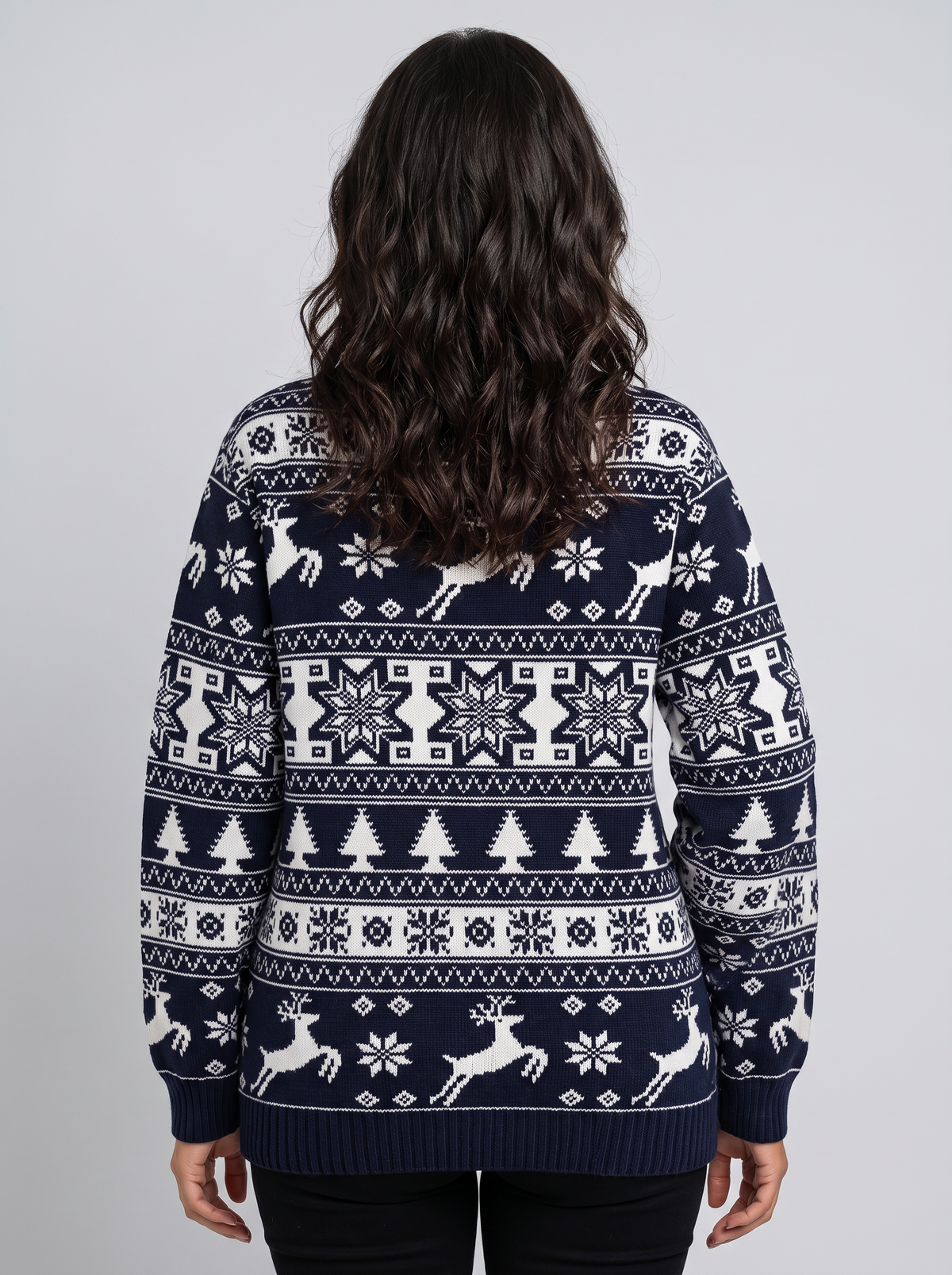 Jersey Navideño Mujer Fair Isle Renos y Abetos Cuello Redondo