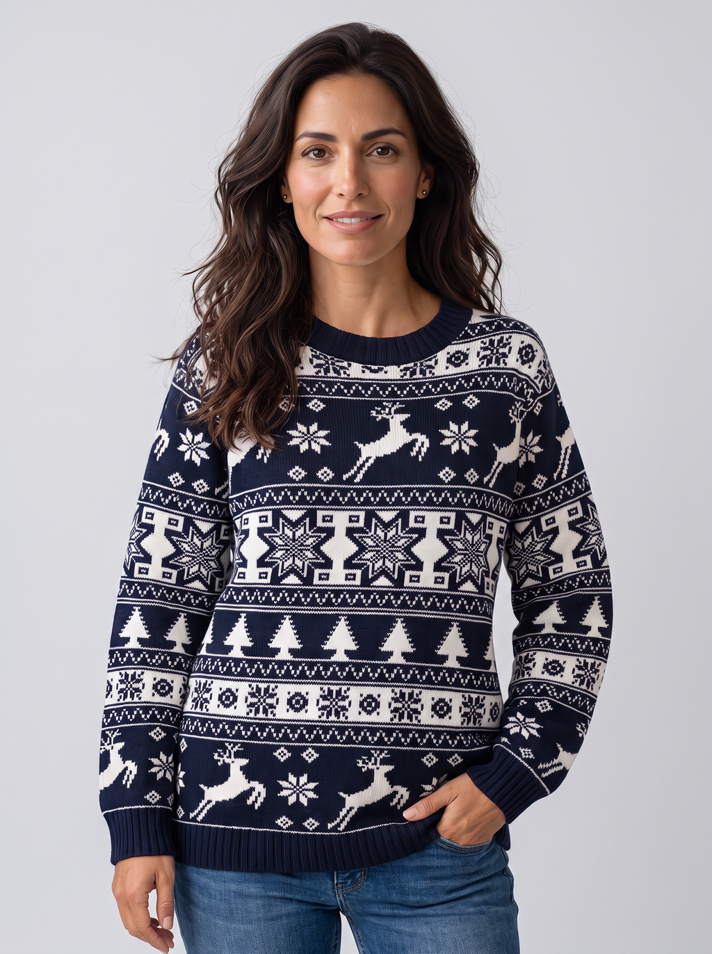 Jersey Navideño Mujer Fair Isle Renos y Abetos Cuello Redondo