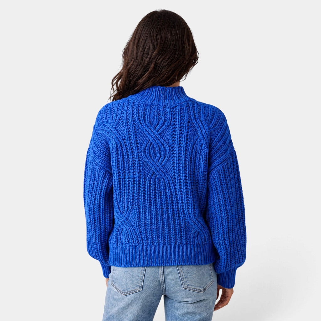 Jersey Mujer Oversize de Punto Trenzado con Cuello Alto y Mangas Globo