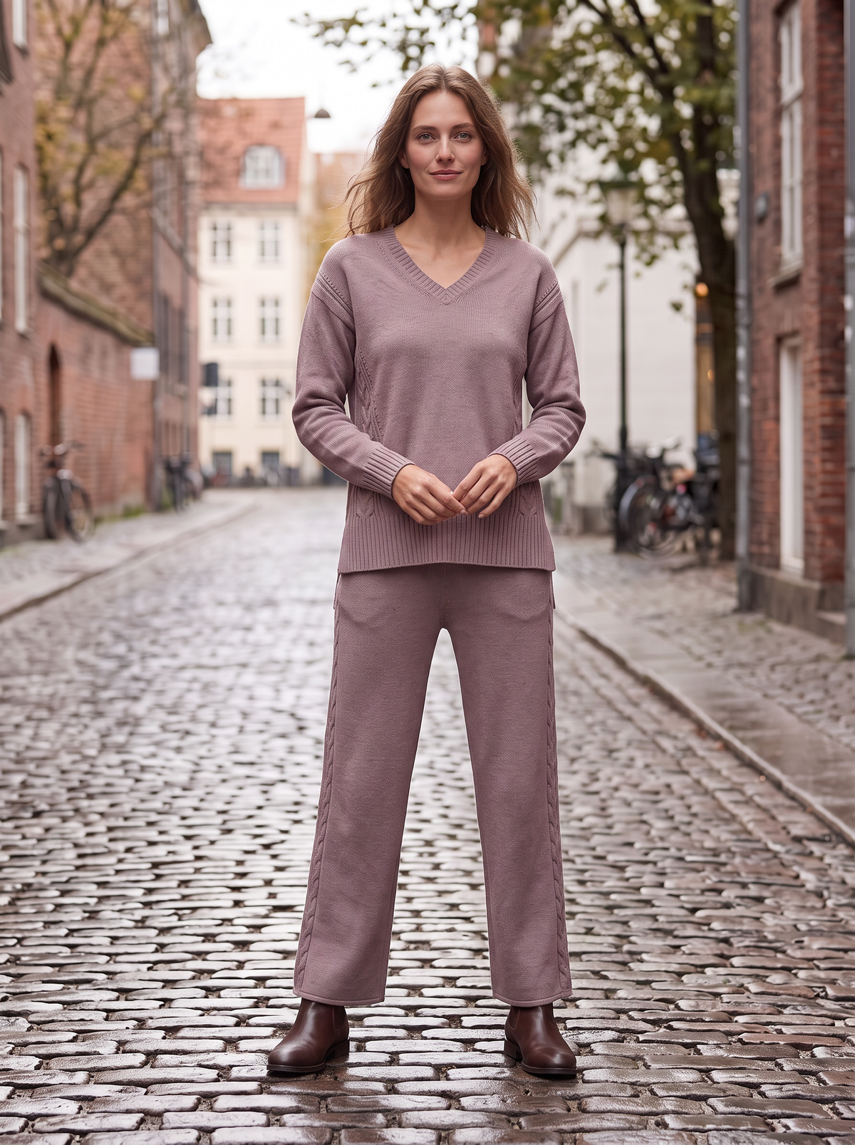 Conjunto Mujer de Punto 2 Piezas con Jersey y Pantalón Ancho