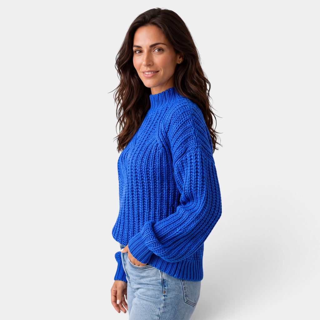 Jersey Mujer Oversize de Punto Trenzado con Cuello Alto y Mangas Globo