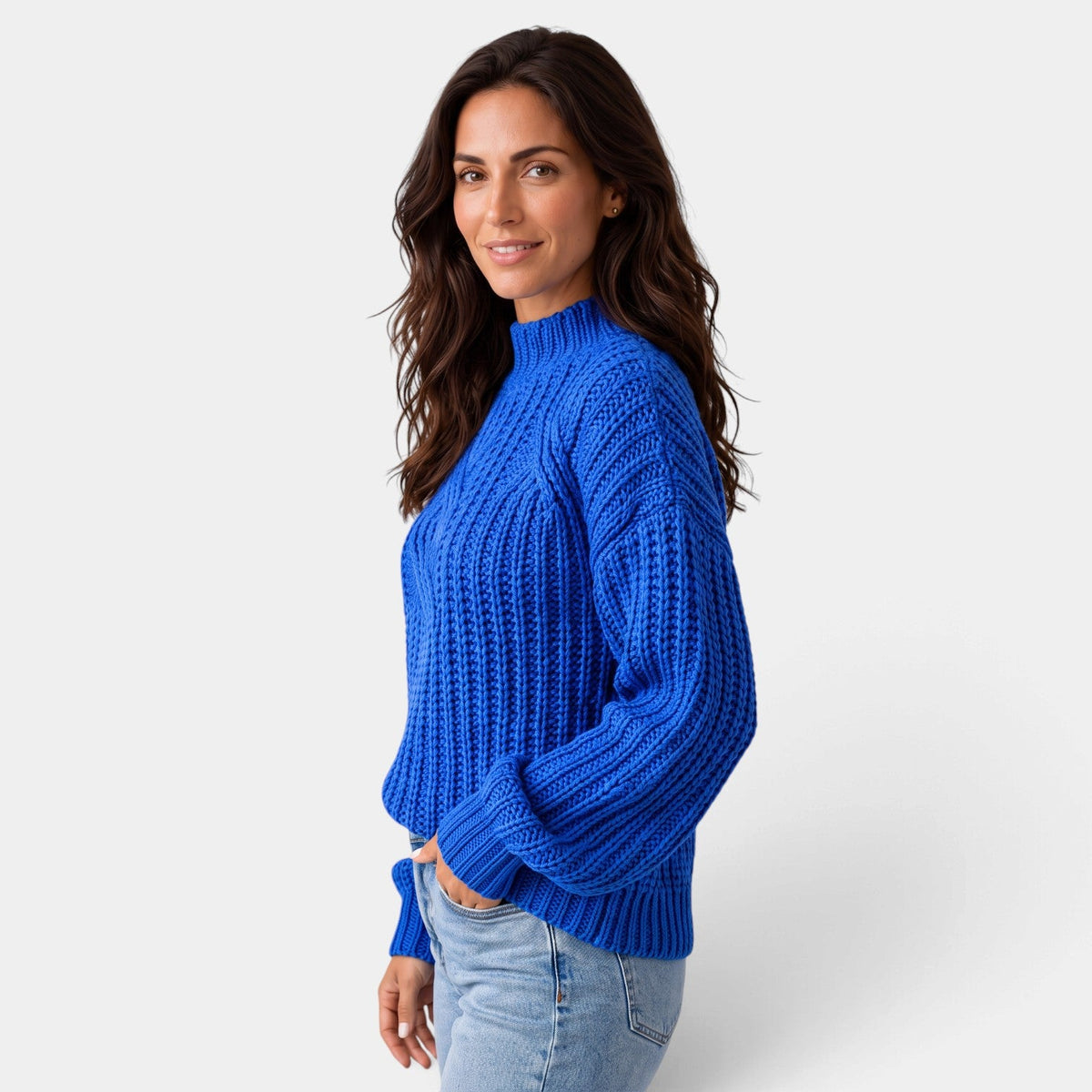 Jersey Mujer Oversize de Punto Trenzado con Cuello Alto y Mangas Globo