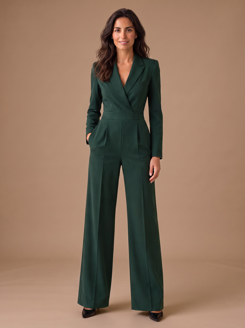 Mono Elegante de Mujer con Escote en V, Manga Larga y Pernera Ancha