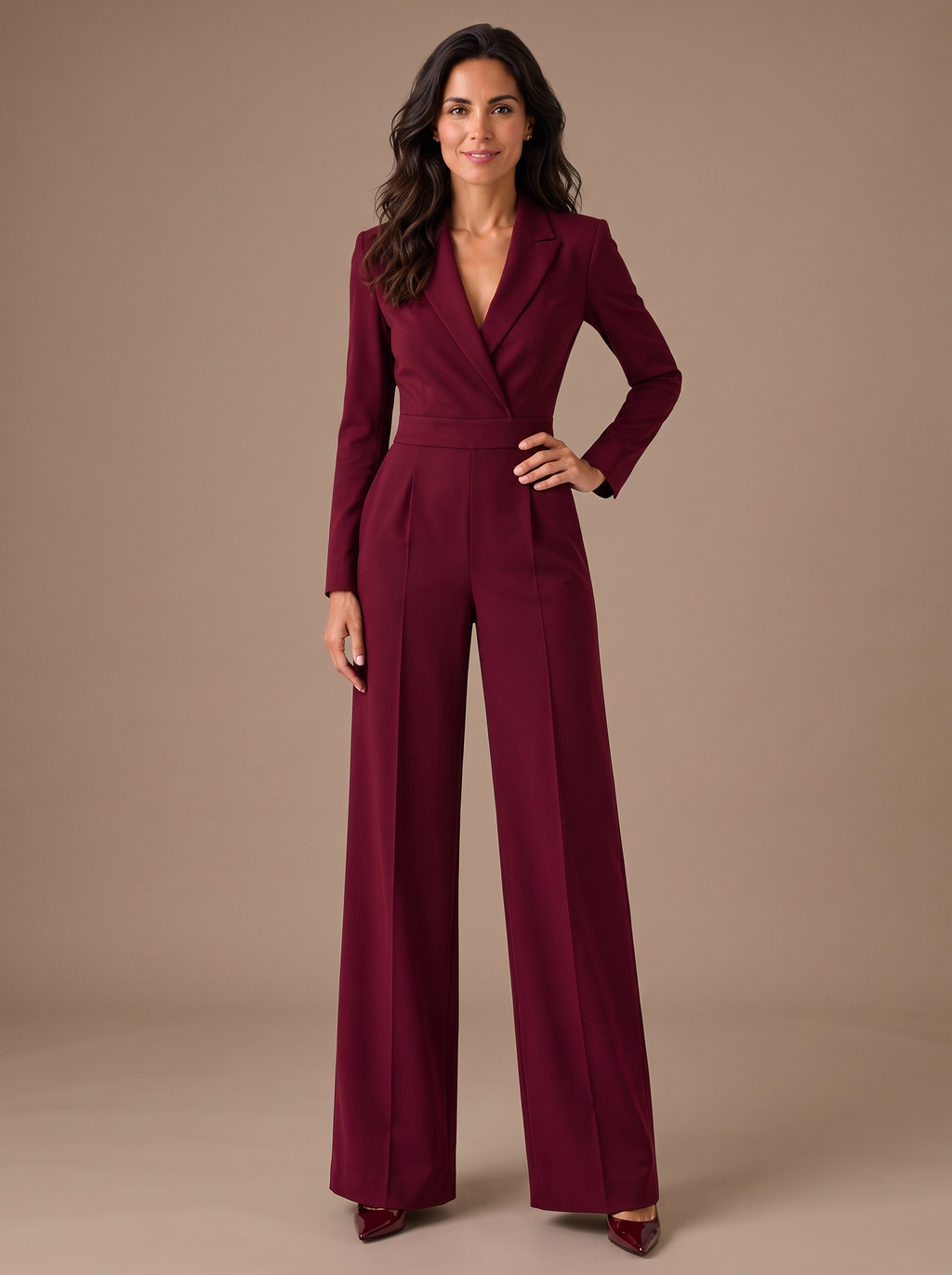 Mono Elegante de Mujer con Escote en V, Manga Larga y Pernera Ancha