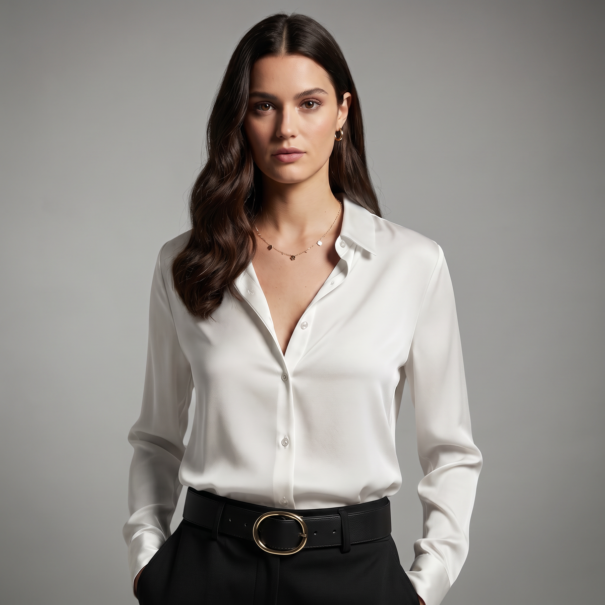 Camisa Mujer Holgada con Solapa y Botones Manga Larga