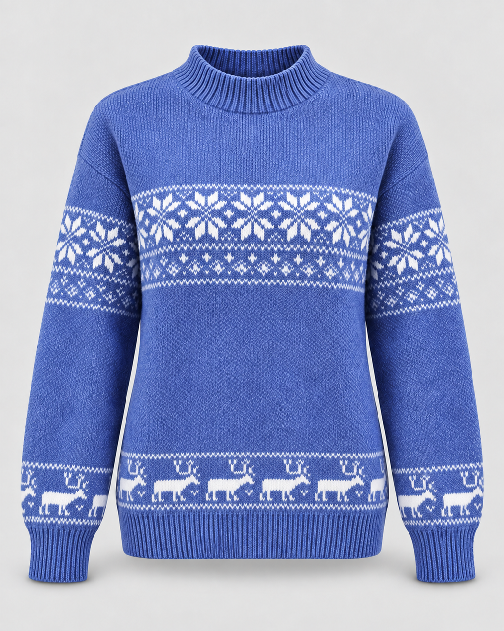 Jersey Navideño Mujer Fair Isle Cuello Mock con Renos en el Bajo