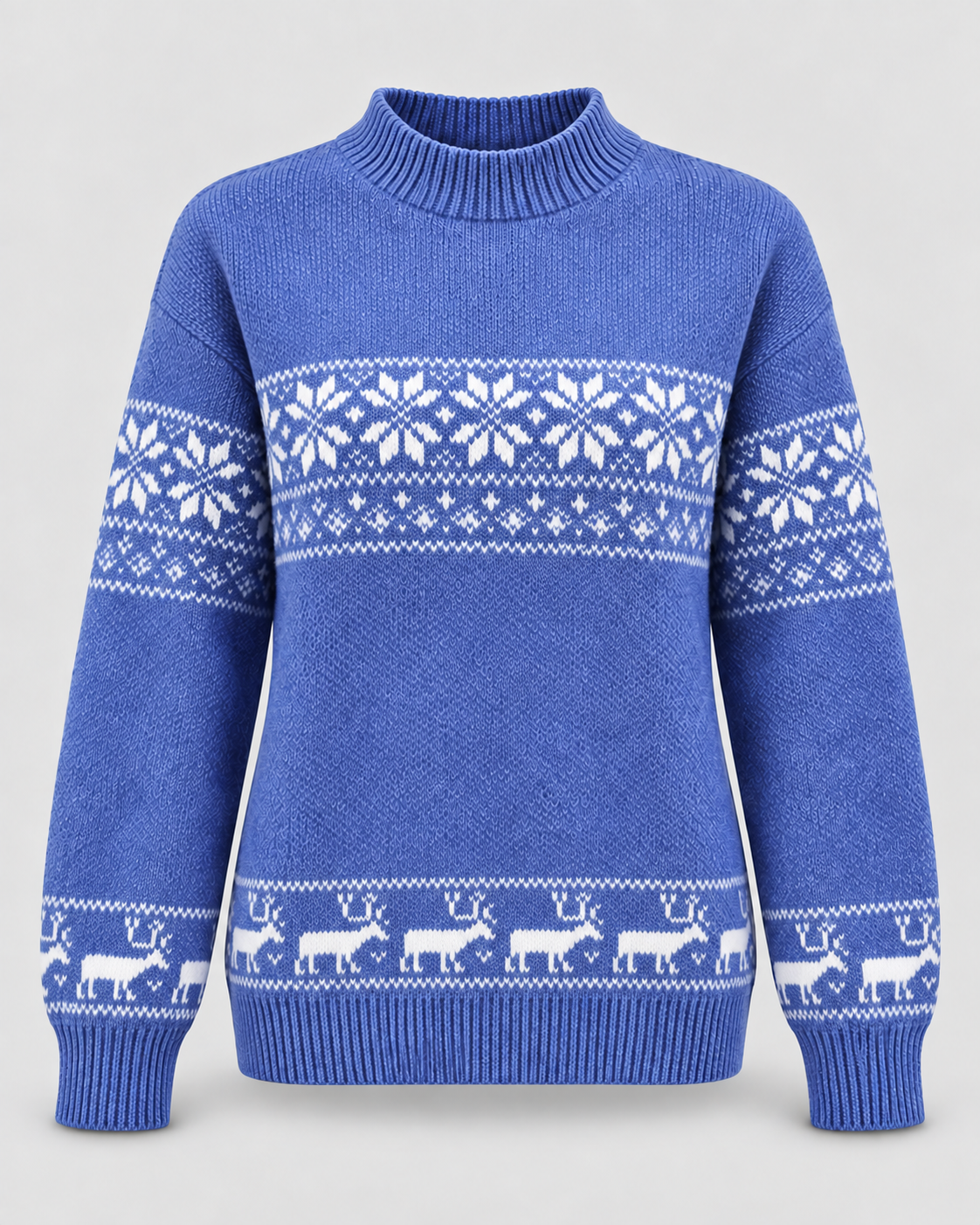 Jersey Navideño Mujer Fair Isle Cuello Mock con Renos en el Bajo