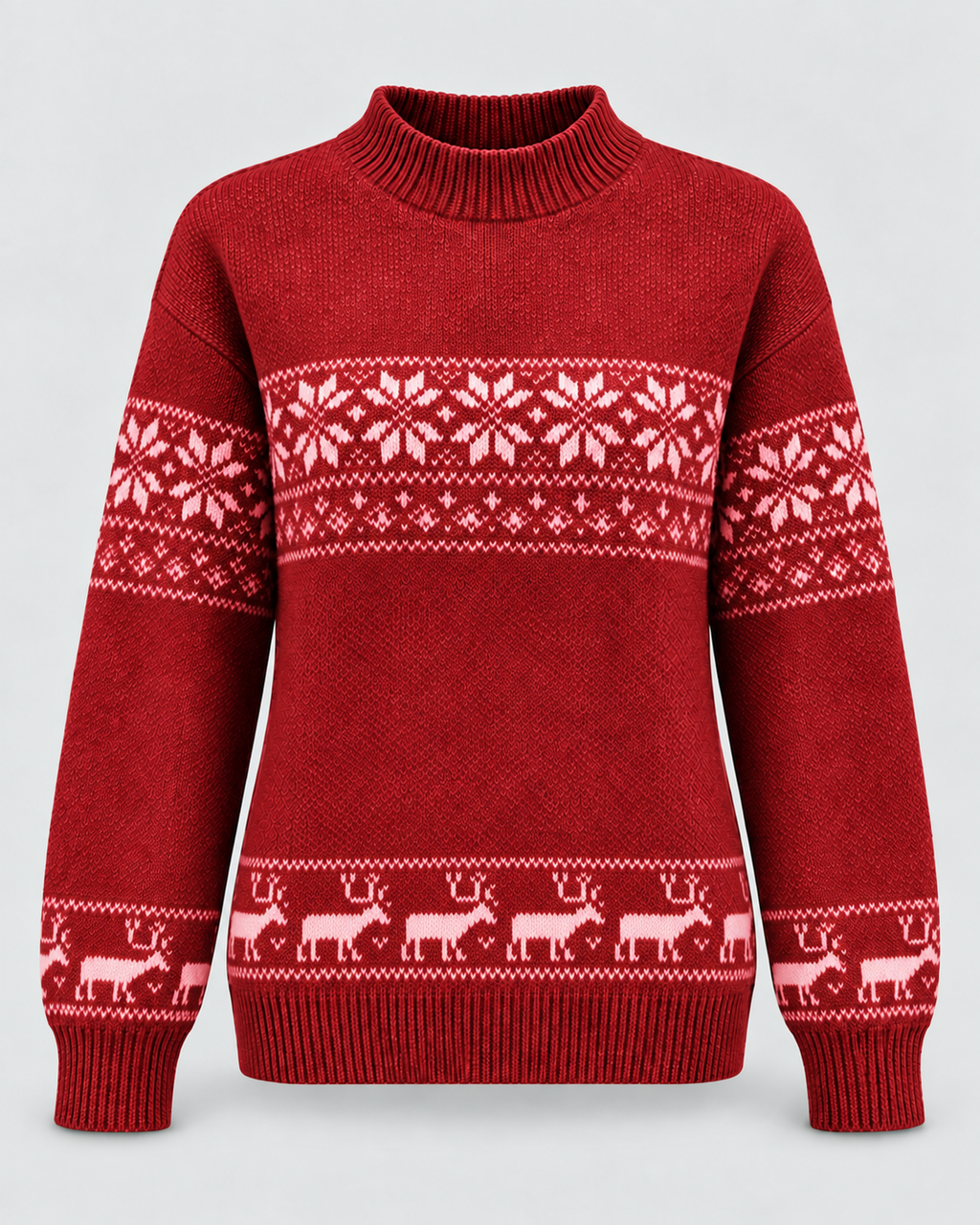 Jersey Navideño Mujer Fair Isle Cuello Mock con Renos en el Bajo