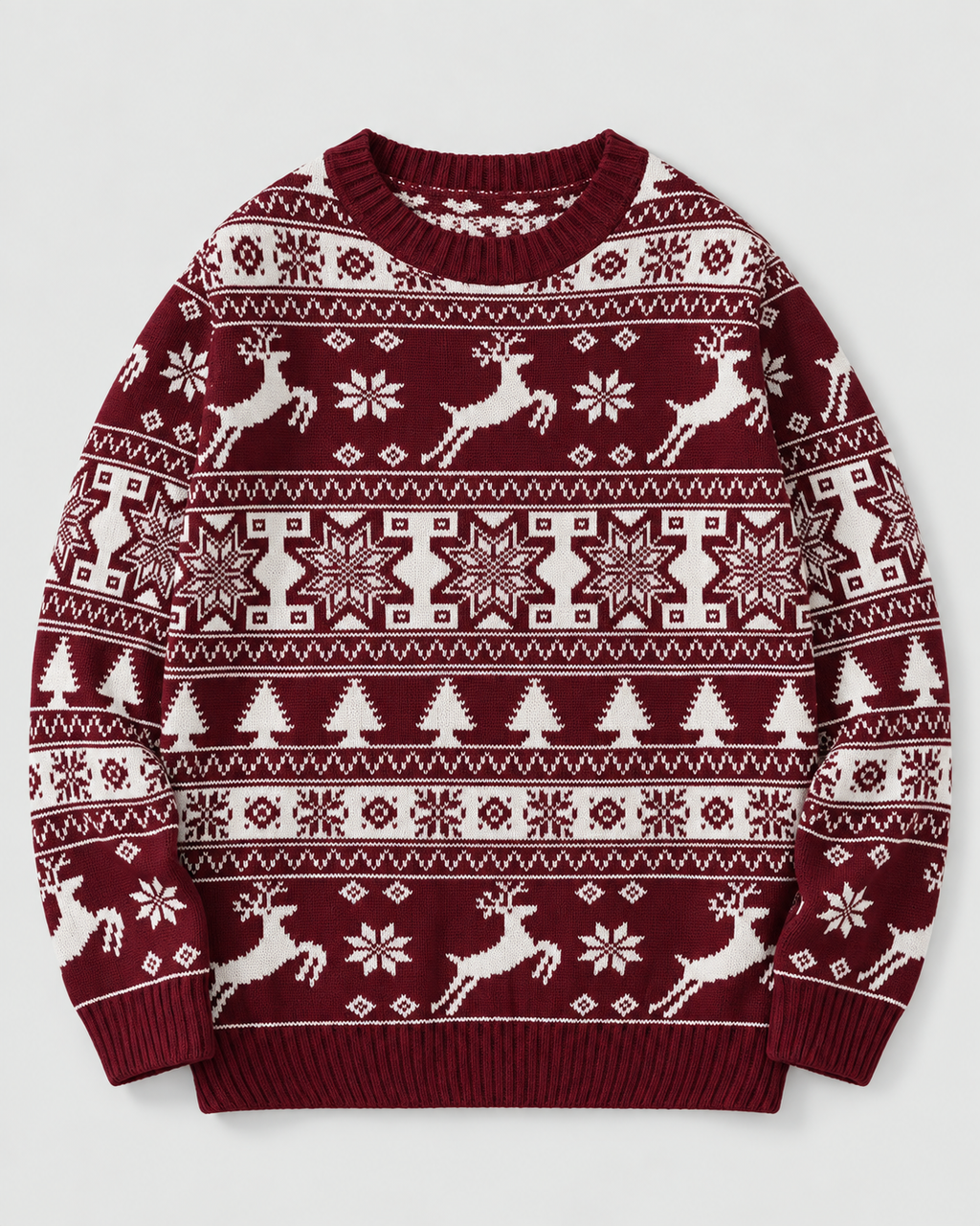 Jersey Navideño Mujer Fair Isle Renos y Abetos Cuello Redondo