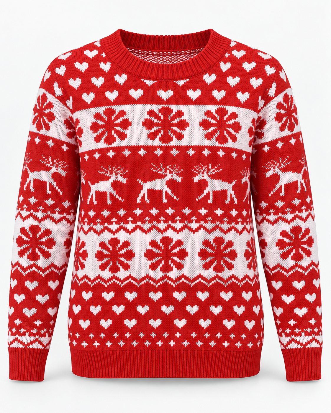 Jersey Navideño Mujer Rojo Renos Copos y Corazones Cuello Redondo
