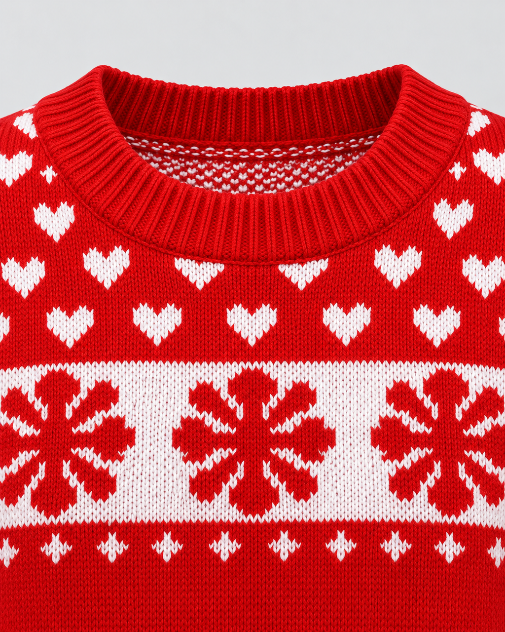 Jersey Navideño Mujer Rojo Renos Copos y Corazones Cuello Redondo