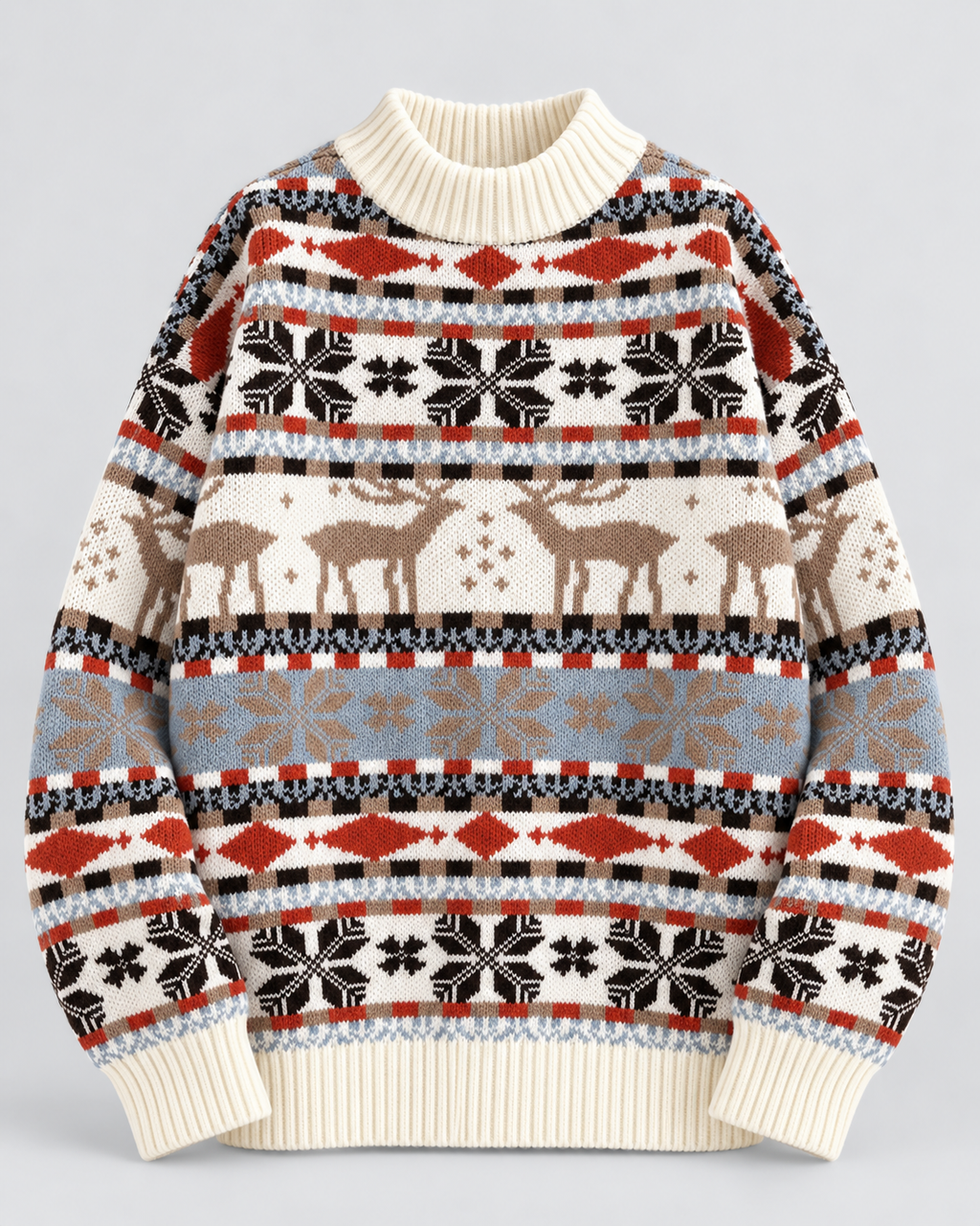 Jersey Navideño Mujer Cuello Alto Renos Terracota y Celeste
