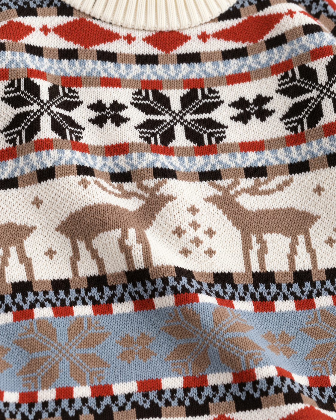 Jersey Navideño Mujer Cuello Alto Renos Terracota y Celeste